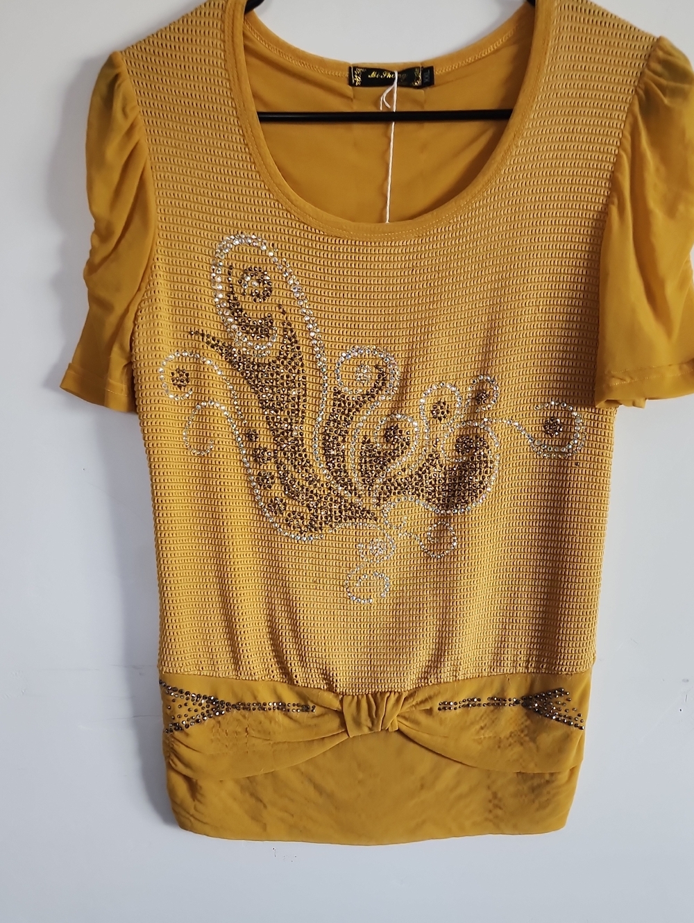Embellished Mustard Short-Sleeve Knit Top